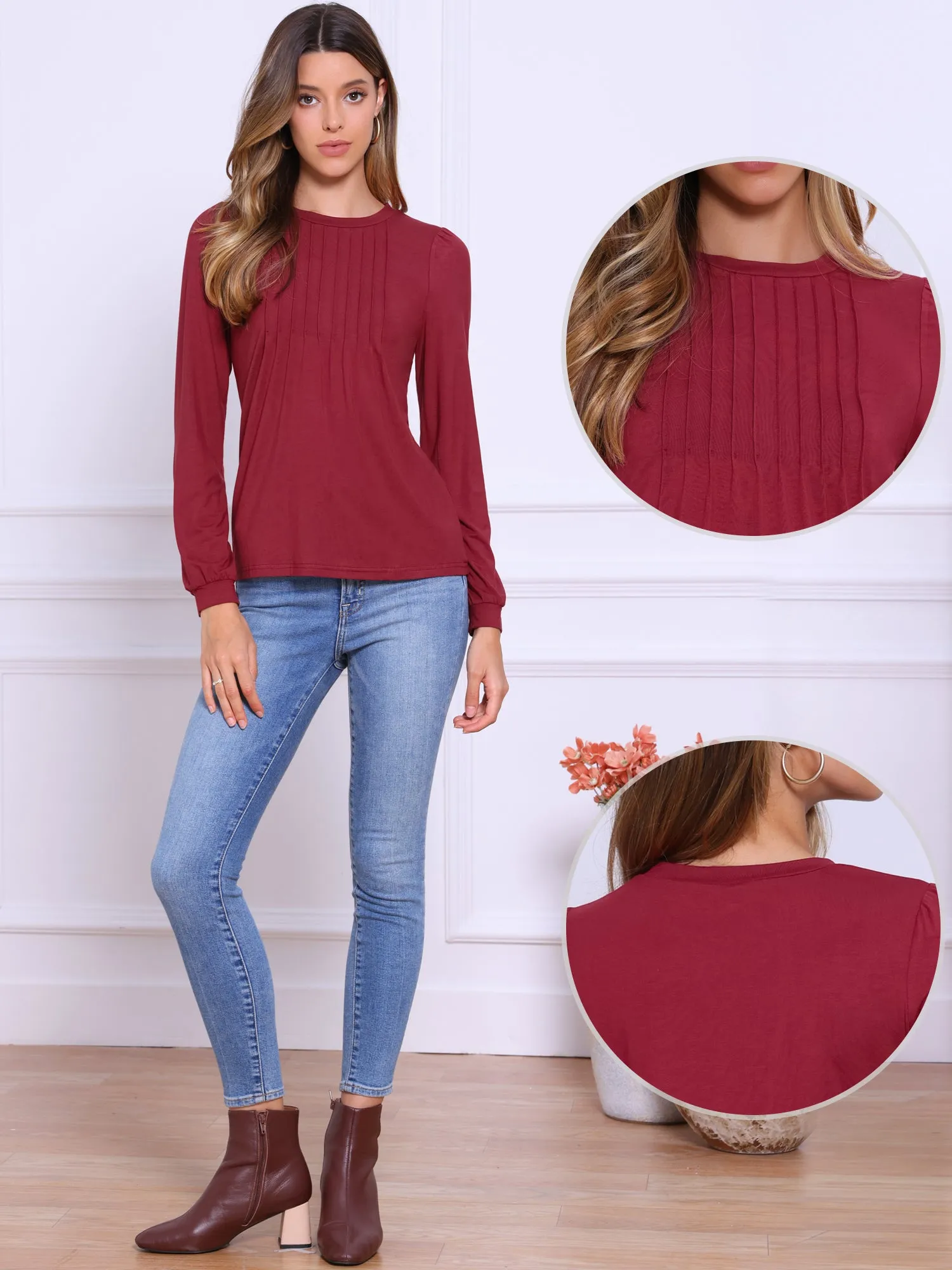 Solid Color Puff Long Sleeve Pleated Casual Blouse sold by Allegra K