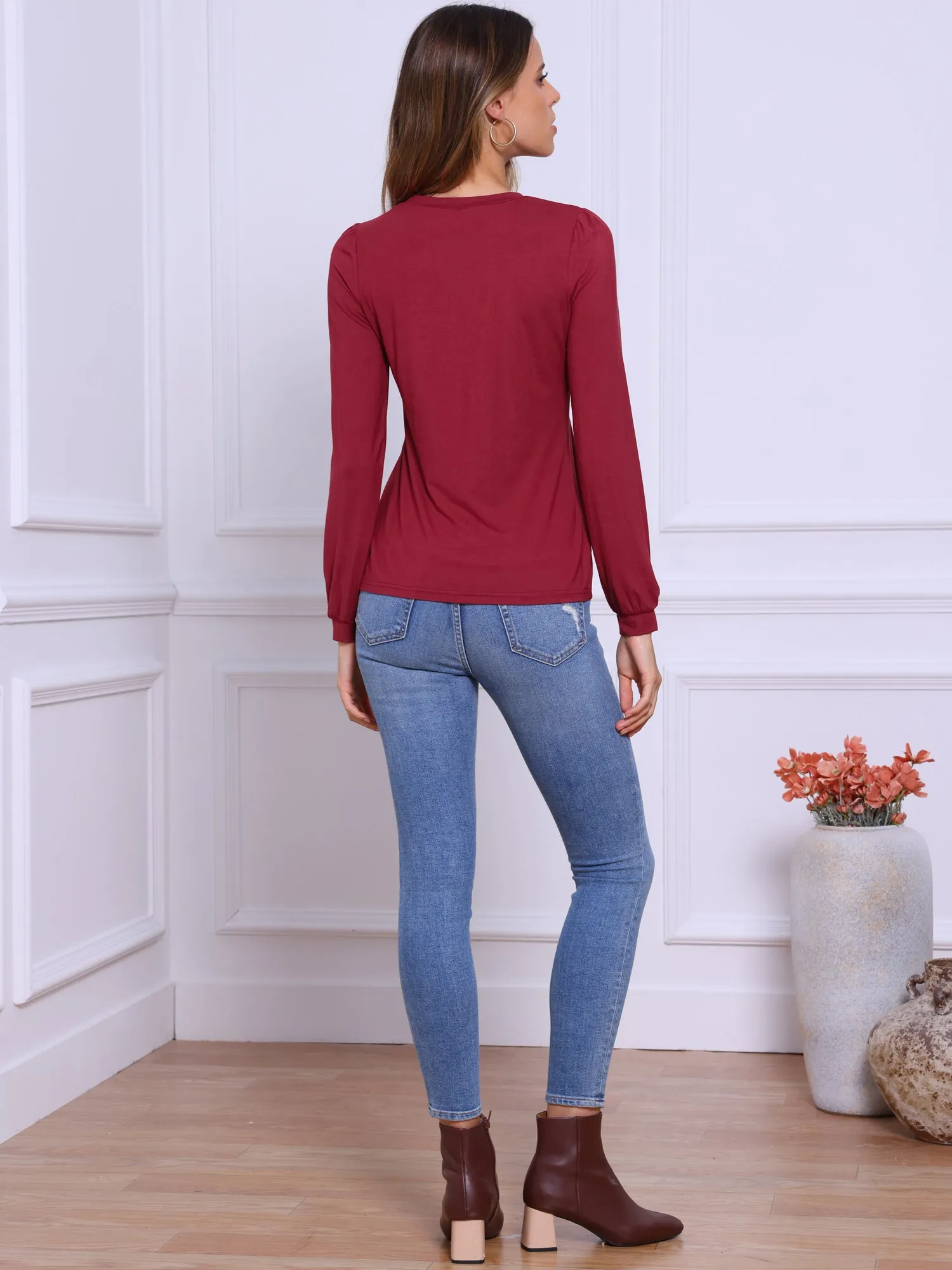 Solid Color Puff Long Sleeve Pleated Casual Blouse sold by Allegra K product image thumbnail 2