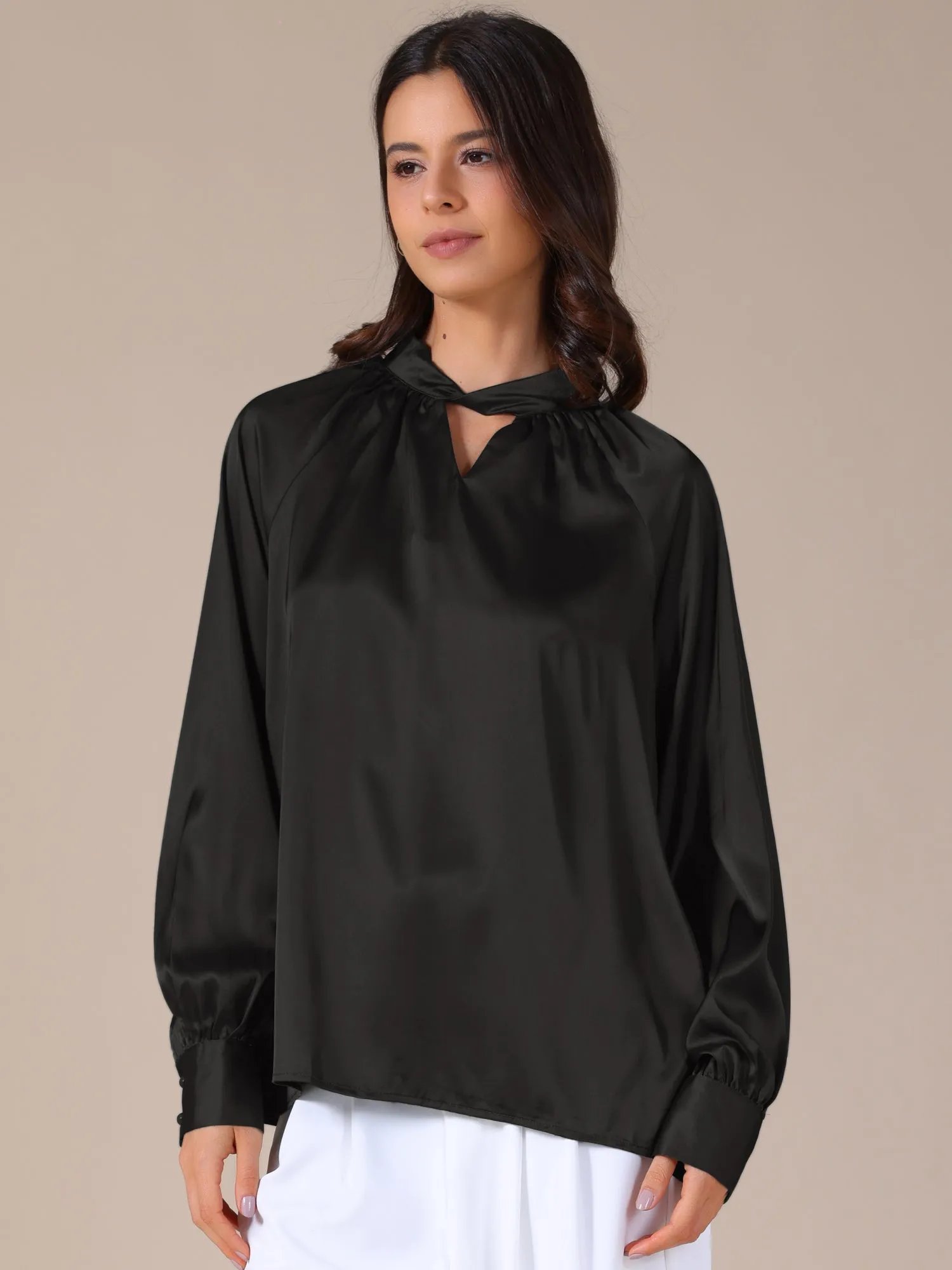 Long Sleeve Ruched Business Casual Satin Blouse sold by Allegra K product image thumbnail 5