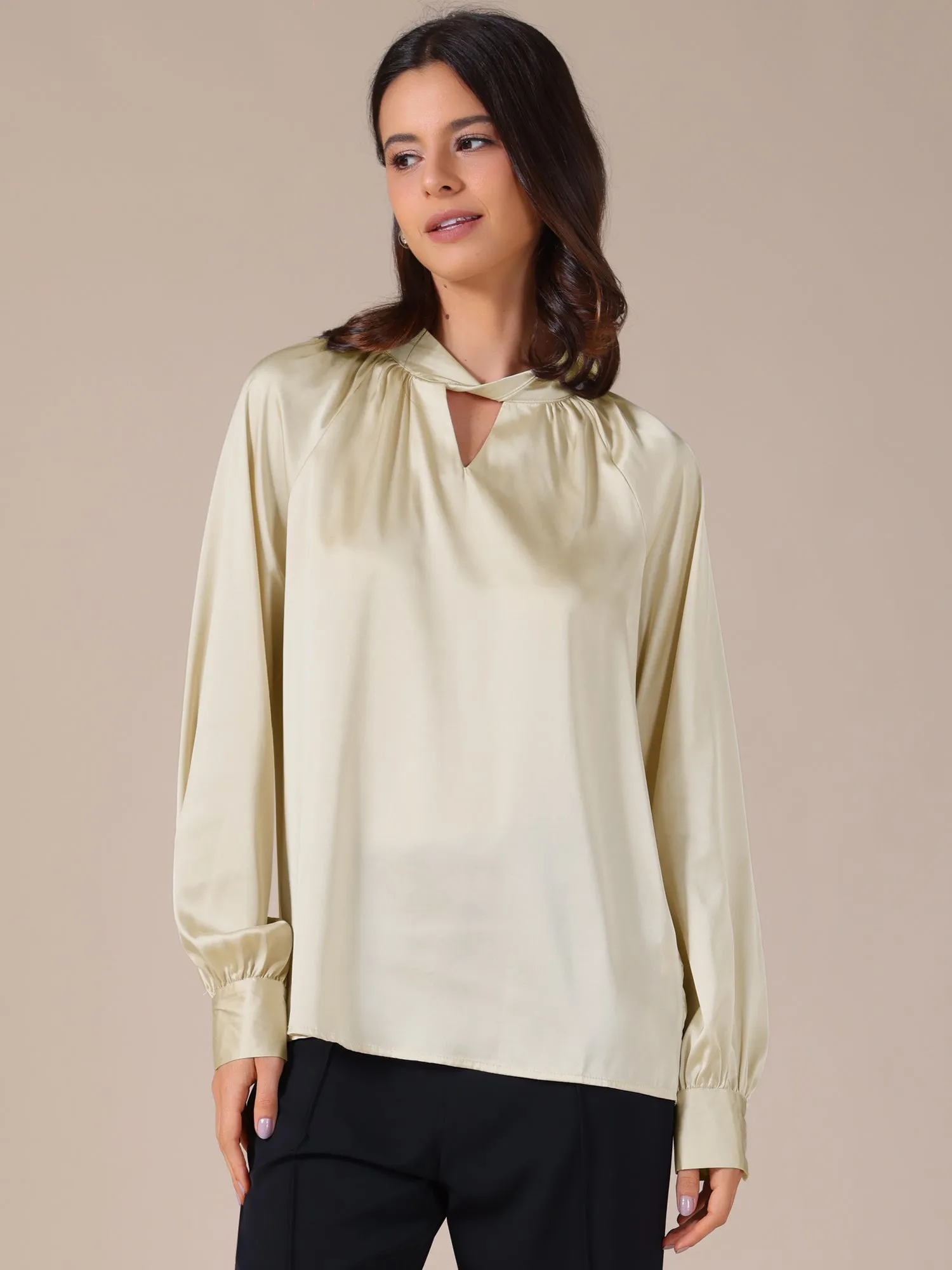 Long Sleeve Ruched Business Casual Satin Blouse sold by Allegra K