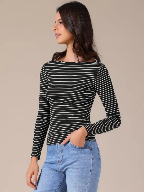 Striped Boat Neck Stretchy Casual Basic Long Sleeve Top sold by Allegra K