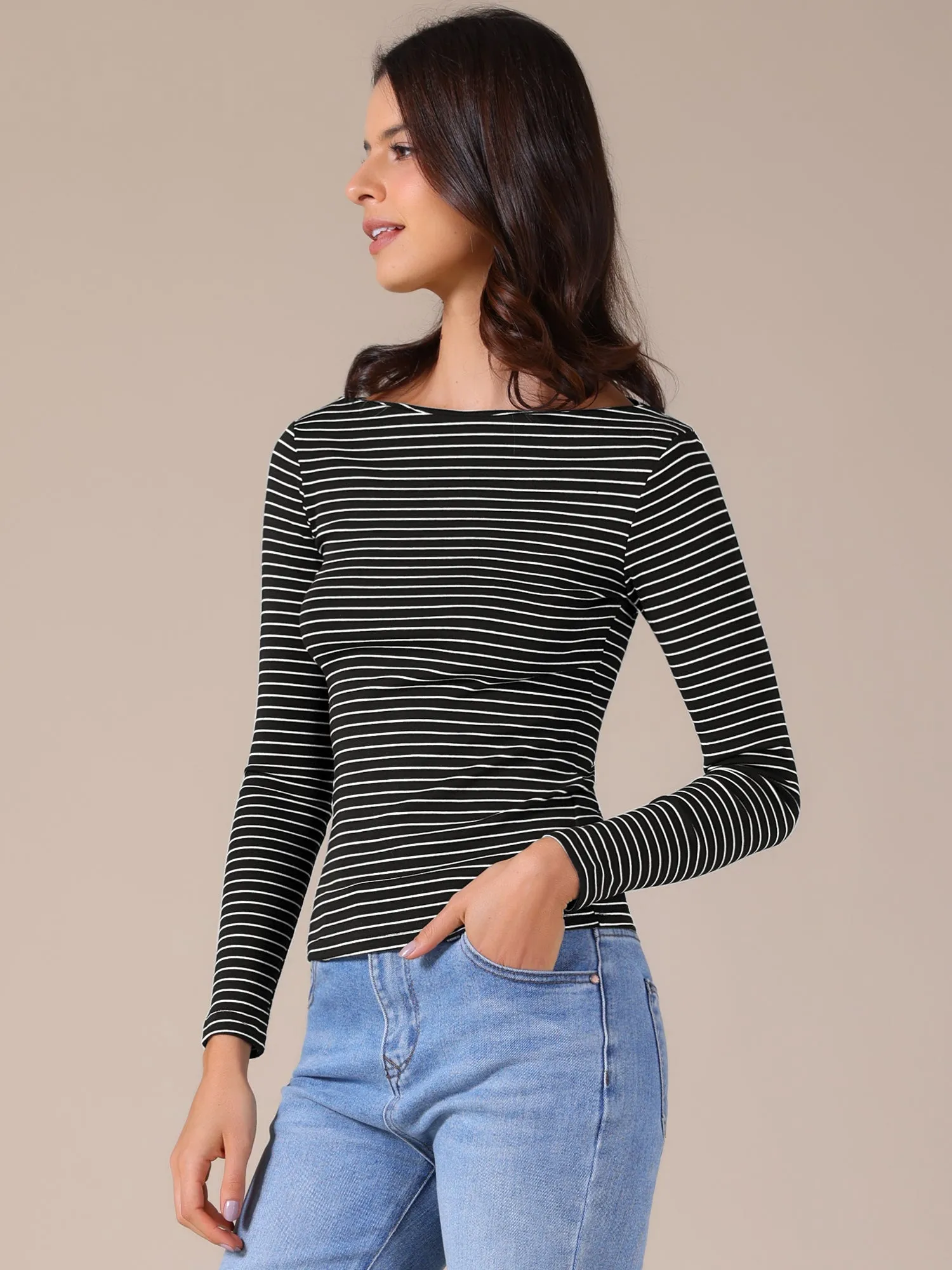 Striped Boat Neck Stretchy Casual Basic Long Sleeve Top sold by Allegra K