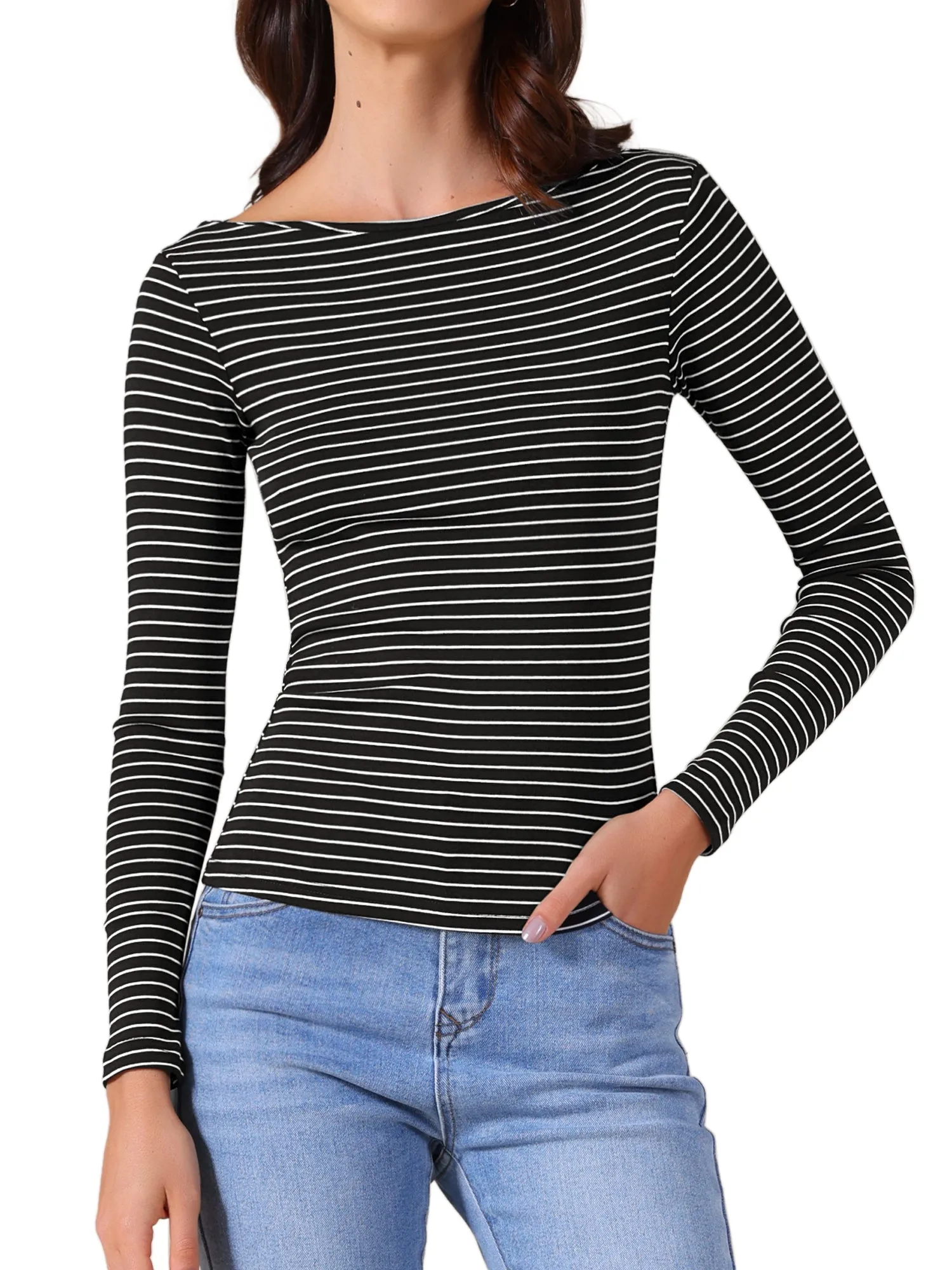 Striped Boat Neck Stretchy Casual Basic Long Sleeve Top sold by Allegra K product image thumbnail 4
