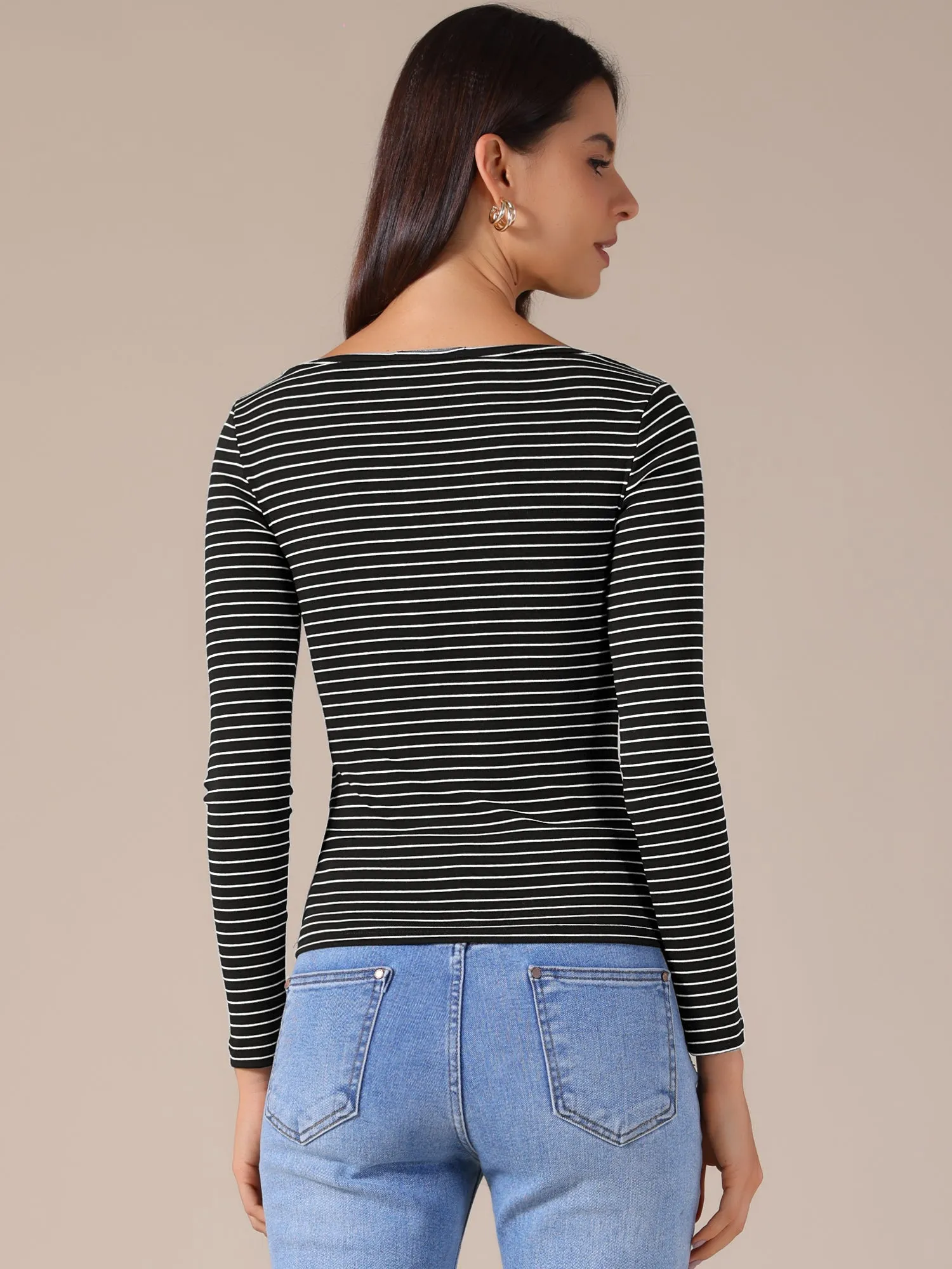 Striped Boat Neck Stretchy Casual Basic Long Sleeve Top sold by Allegra K product image thumbnail 3