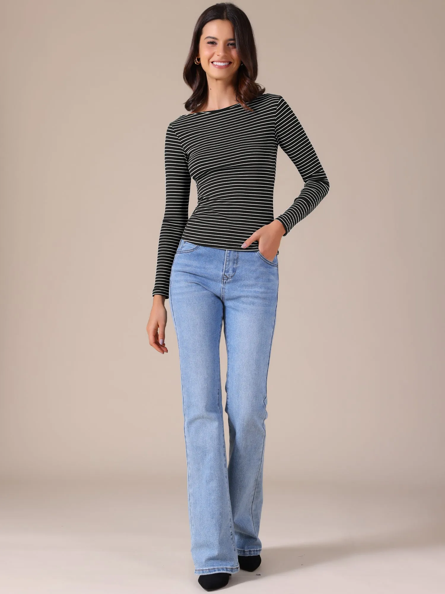 Striped Boat Neck Stretchy Casual Basic Long Sleeve Top sold by Allegra K product image thumbnail 2