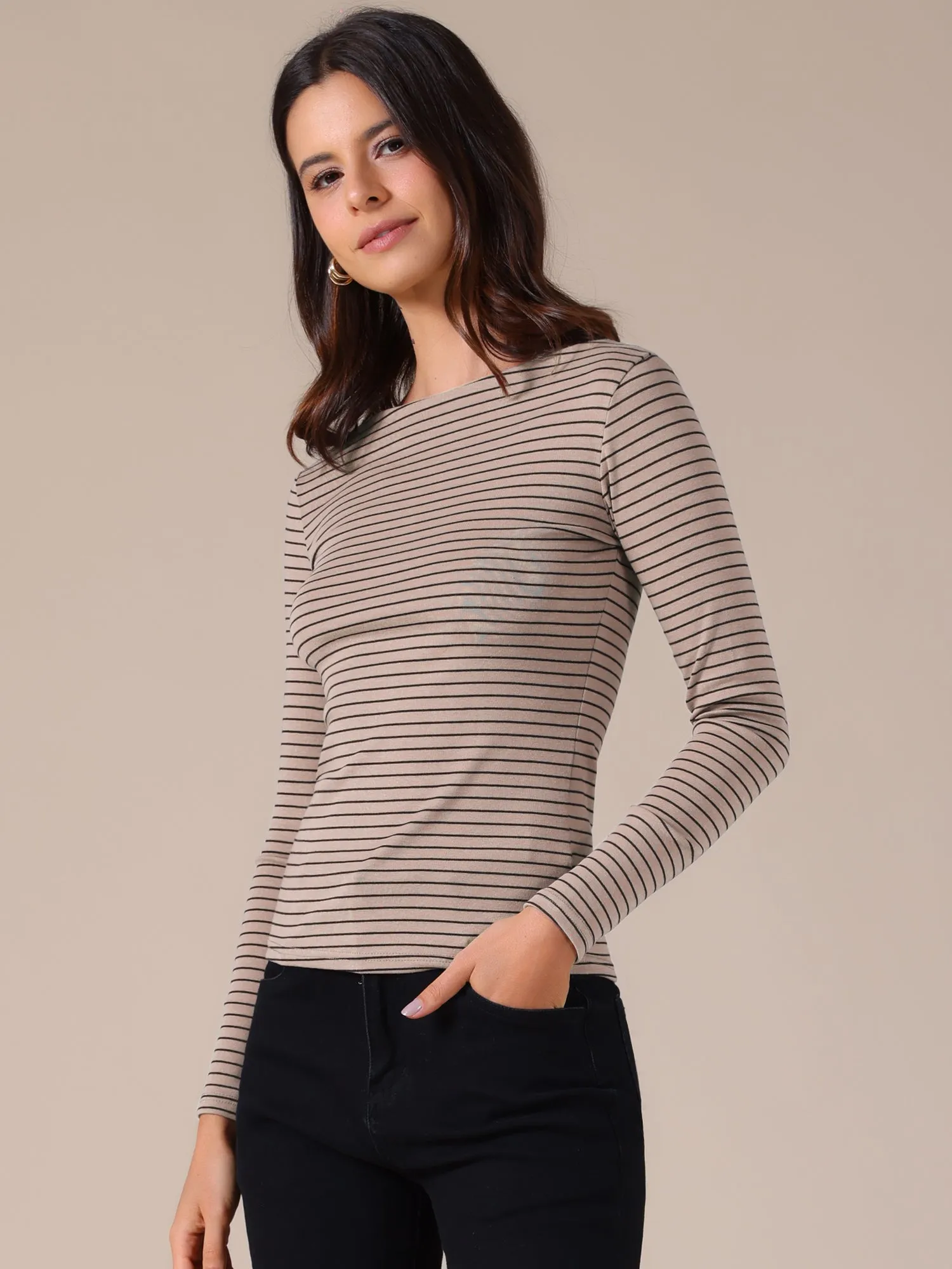 Striped Boat Neck Stretchy Casual Basic Long Sleeve Top sold by Allegra K product image thumbnail 5