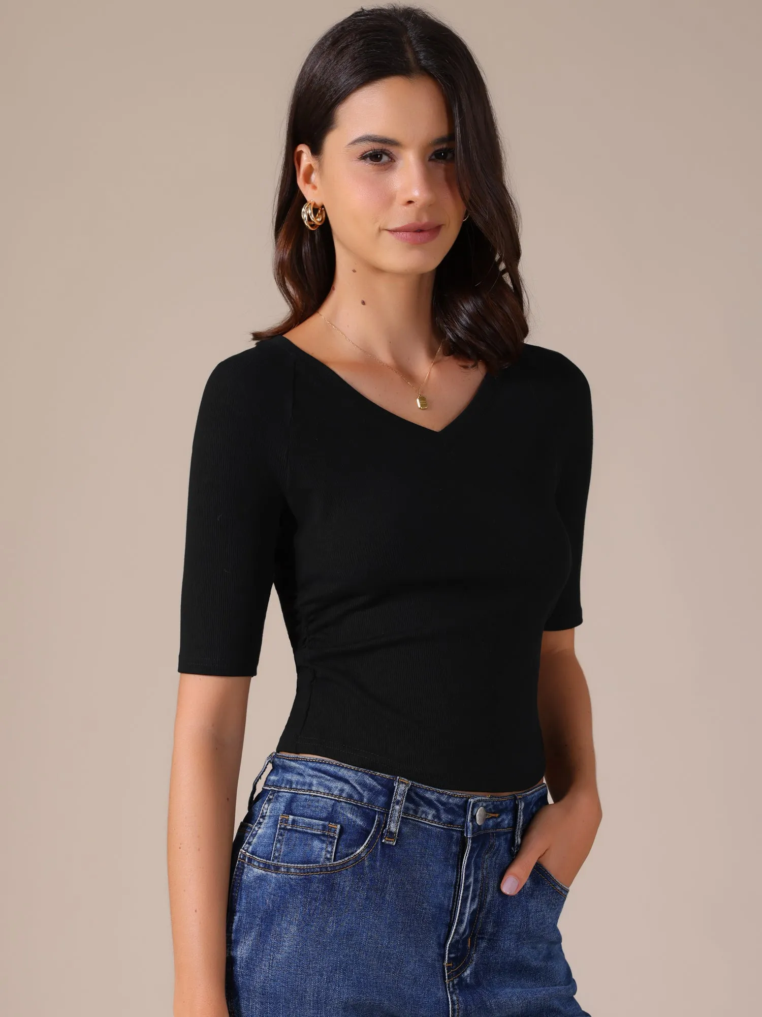 V Neck Short Sleeve Stretchy Lightweight Cropped Knit Tops sold by Allegra K