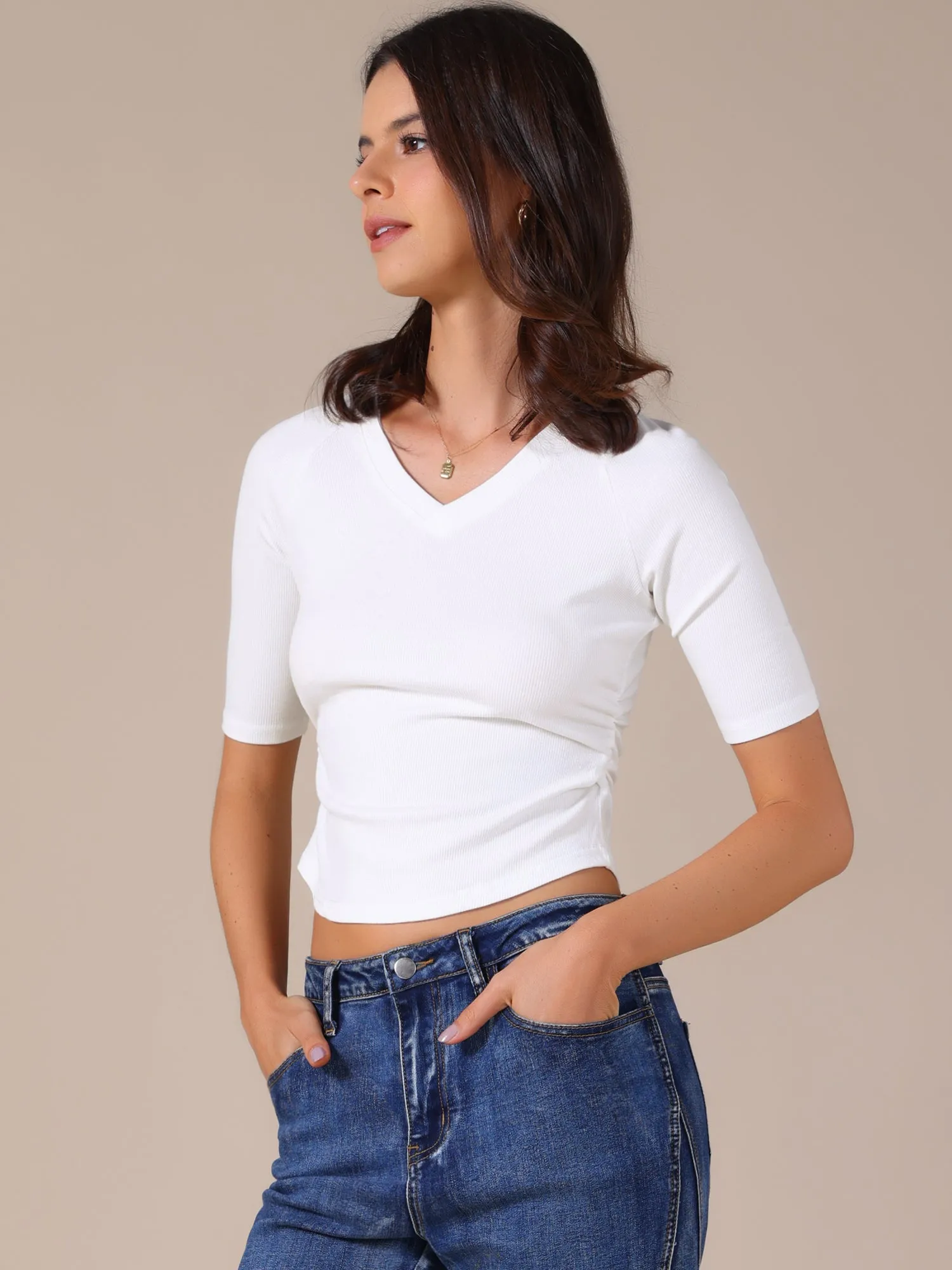 V Neck Short Sleeve Stretchy Lightweight Cropped Knit Tops sold by Allegra K product image thumbnail 5