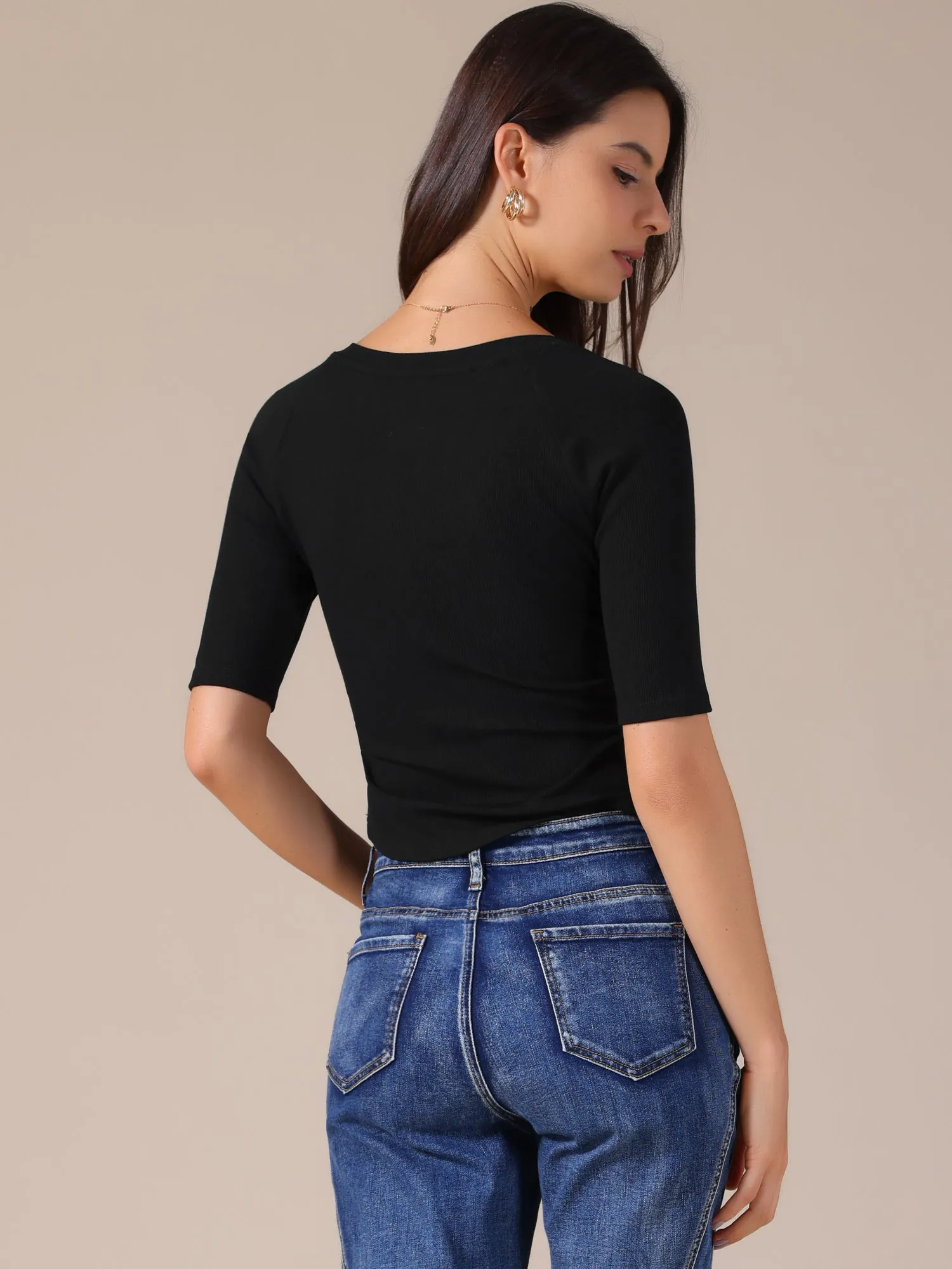 V Neck Short Sleeve Stretchy Lightweight Cropped Knit Tops sold by Allegra K product image thumbnail 3