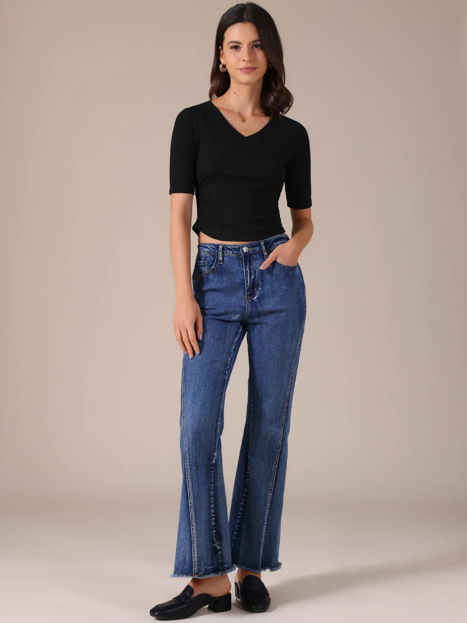 V Neck Short Sleeve Stretchy Lightweight Cropped Knit Tops sold by Allegra K product image thumbnail 2