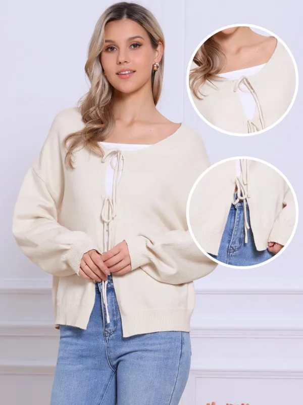 Lace-Up Bow Long Sleeve Solid Color Cardigan sold by Allegra K