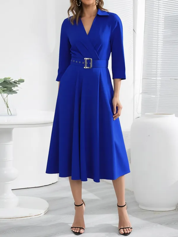 Solic Color Lapel 3/4 Sleeves Belted Midi A-Line Dress sold by Allegra K