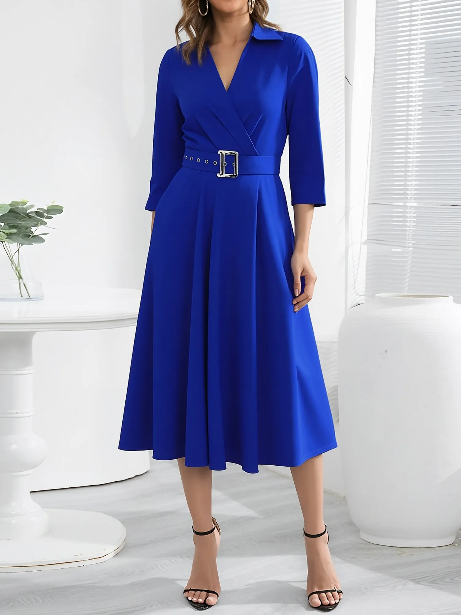 Solic Color Lapel 3/4 Sleeves Belted Midi A-Line Dress sold by Allegra K