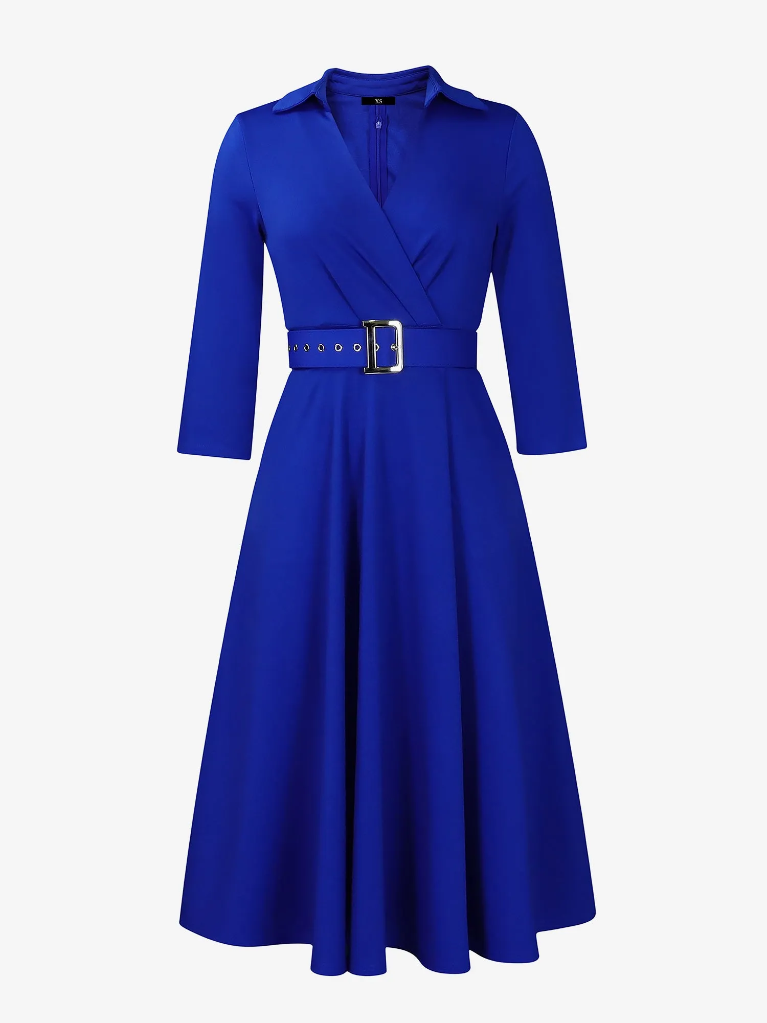 Solic Color Lapel 3/4 Sleeves Belted Midi A-Line Dress sold by Allegra K product image thumbnail 3