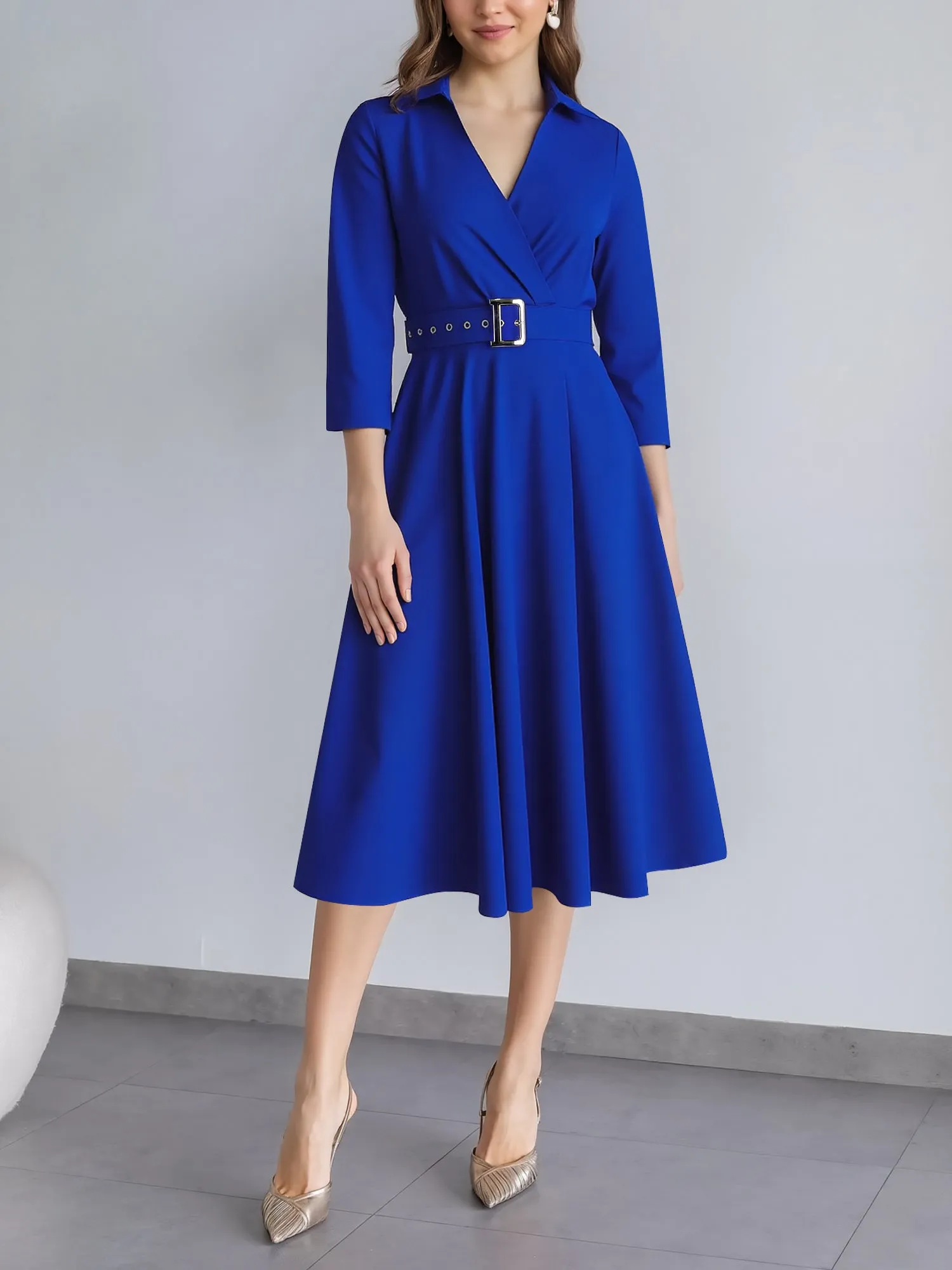 Solic Color Lapel 3/4 Sleeves Belted Midi A-Line Dress sold by Allegra K product image thumbnail 2
