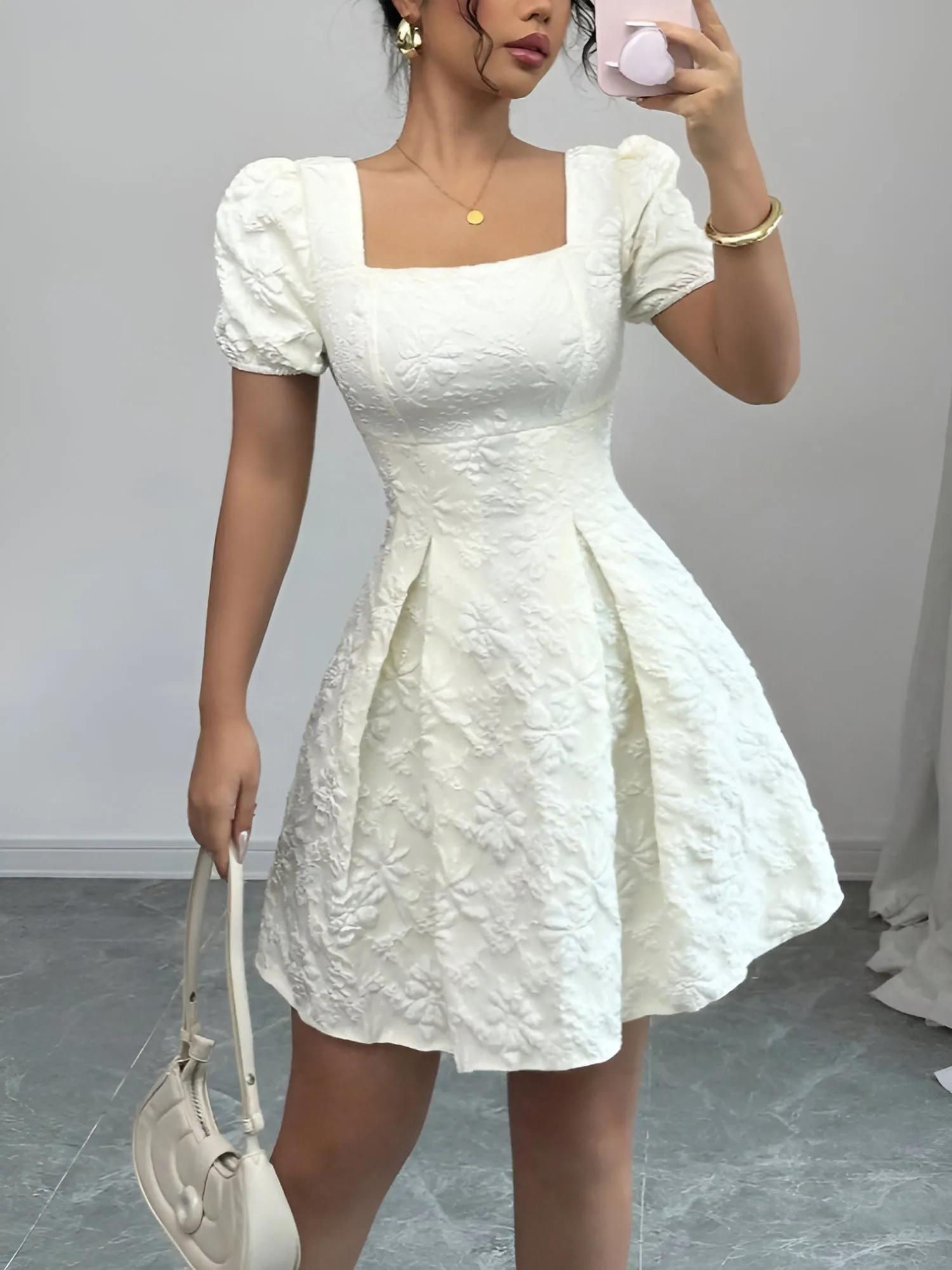 Floral Textured Puff Sleeve Square Neck Dress sold by Allegra K product image thumbnail 4