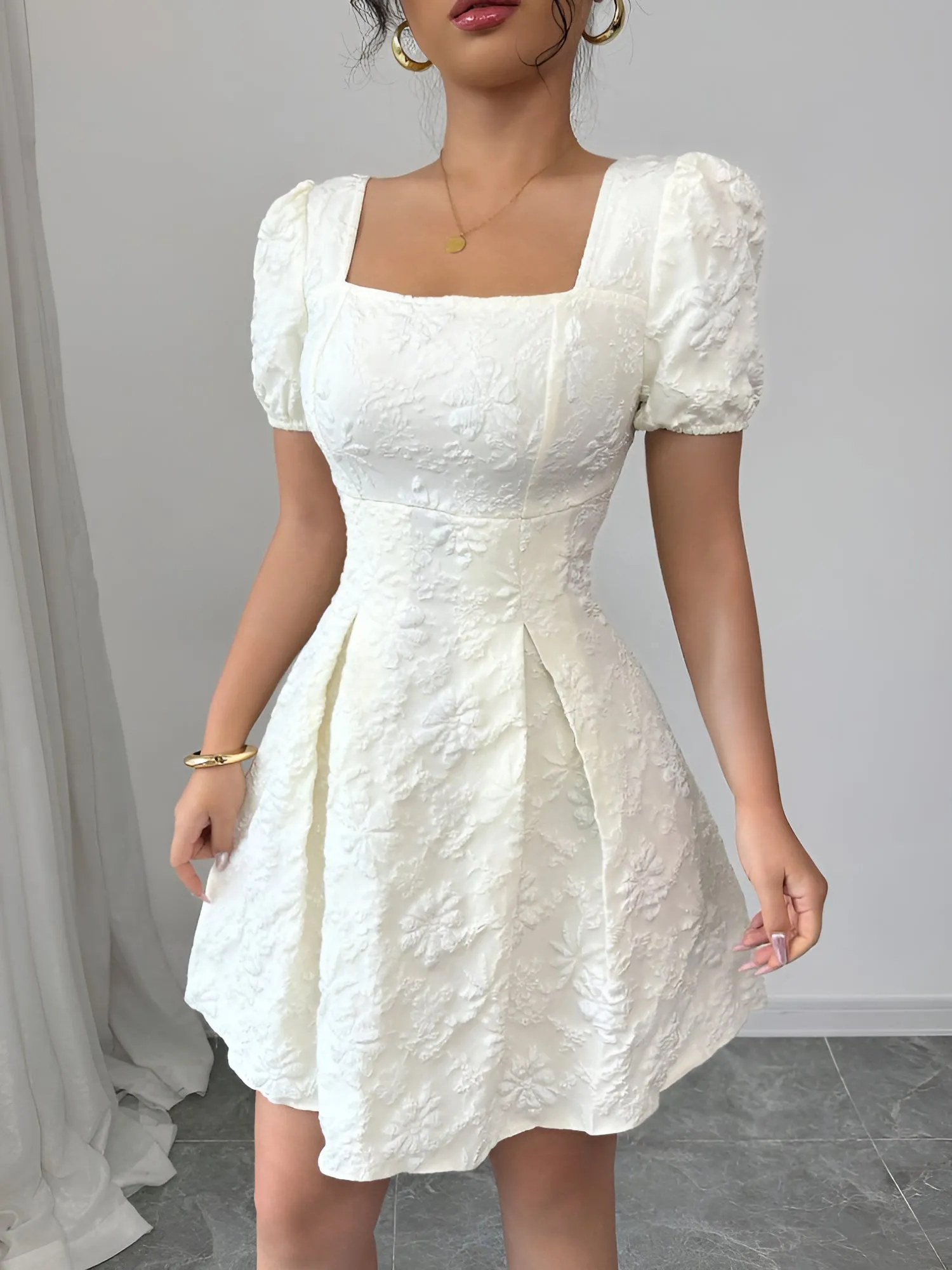 Floral Textured Puff Sleeve Square Neck Dress sold by Allegra K product image thumbnail 3