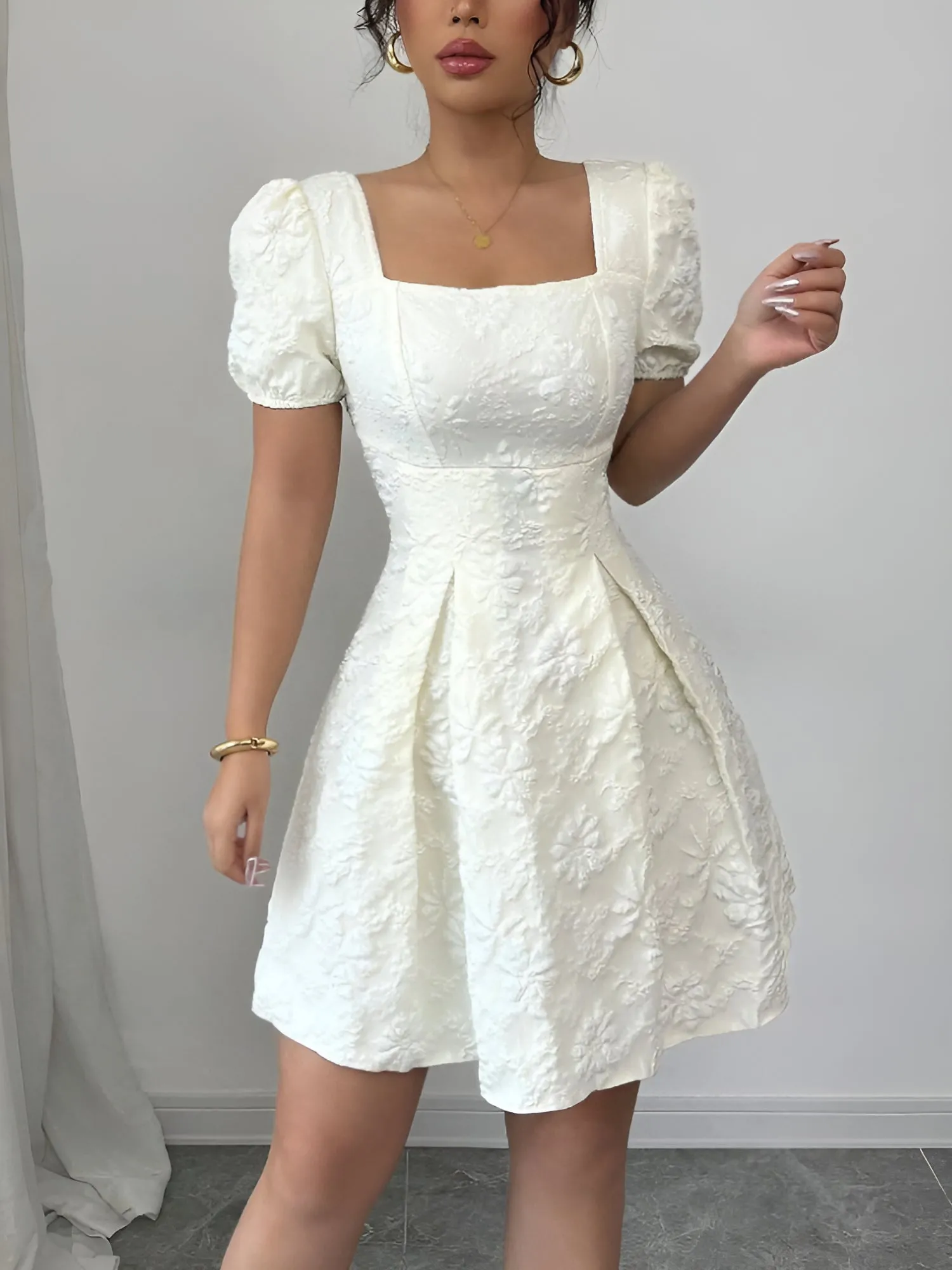 Floral Textured Puff Sleeve Square Neck Dress sold by Allegra K product image thumbnail 2