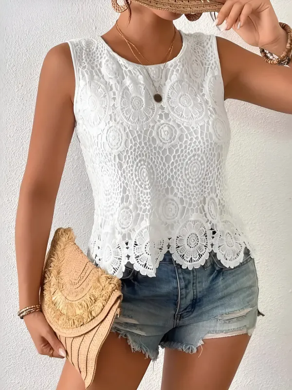 Sleeveless Eyelet Summer Resort Blouse sold by Allegra K