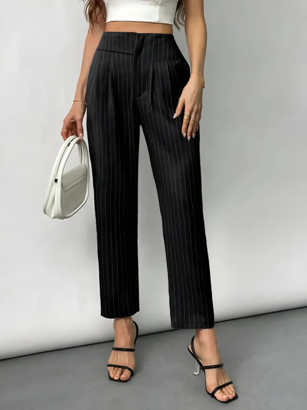 Striped High Rise Pleated Cropped Suit Pants sold by Allegra K