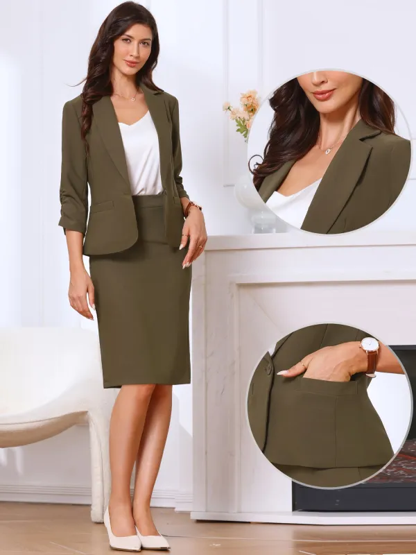 2 Pieces Business Ruched 3/4 Sleeves Blazer & Pencil Skirt Suit Set sold by Allegra K