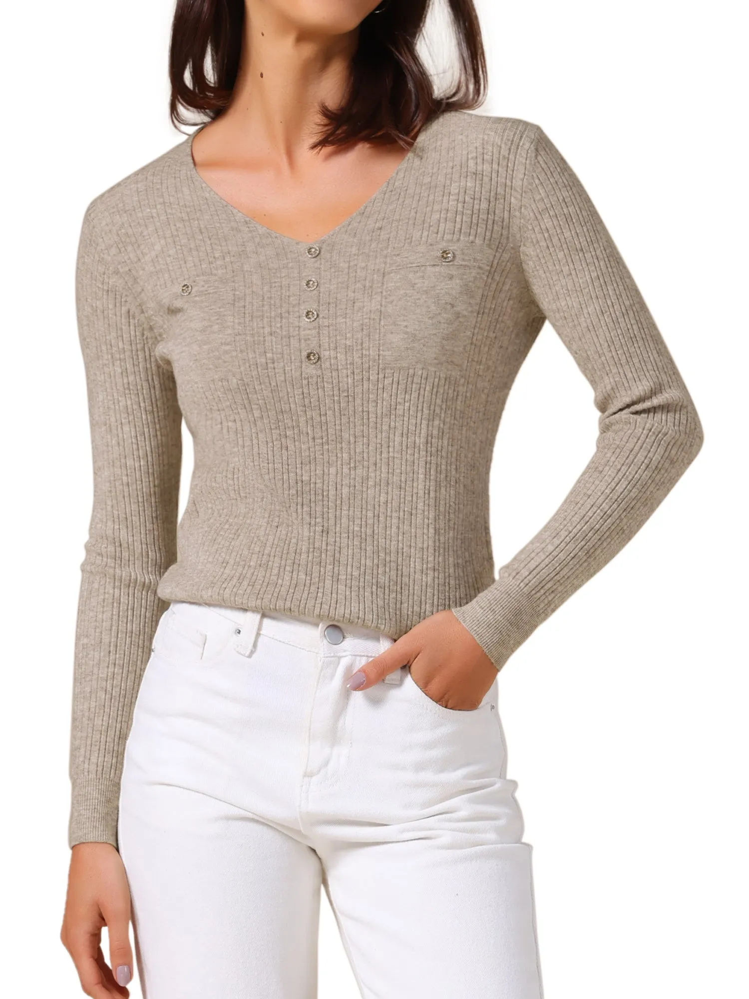 Long Sleeve V Neck Button Decor Ribbed Knit Top sold by Allegra K product image thumbnail 4