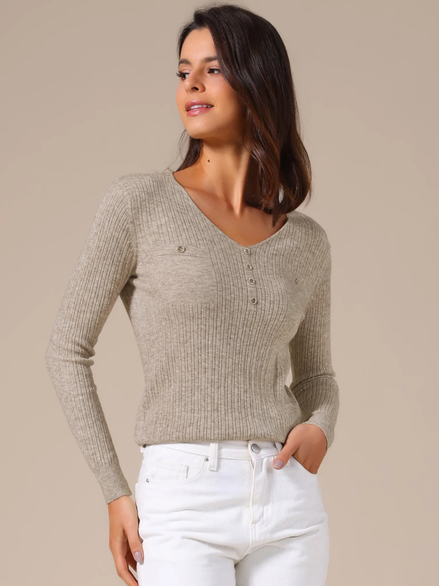 Long Sleeve V Neck Button Decor Ribbed Knit Top sold by Allegra K