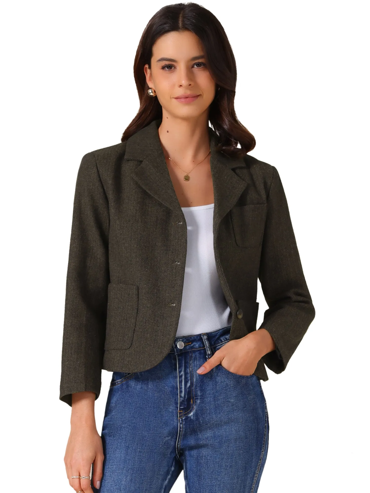 Bracelet Sleeve Notched Lapel Casual Cropped Herringbone Blazer sold by Allegra K product image thumbnail 4