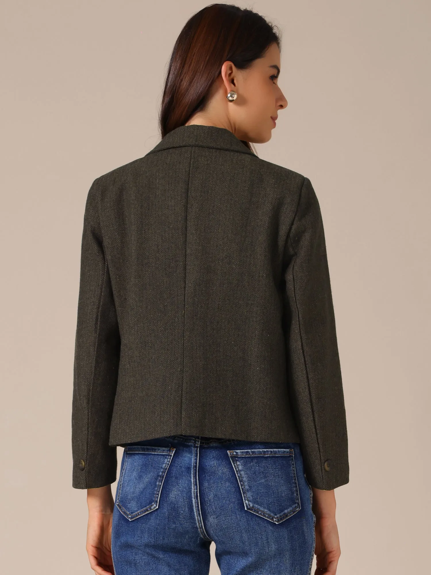 Bracelet Sleeve Notched Lapel Casual Cropped Herringbone Blazer sold by Allegra K product image thumbnail 2