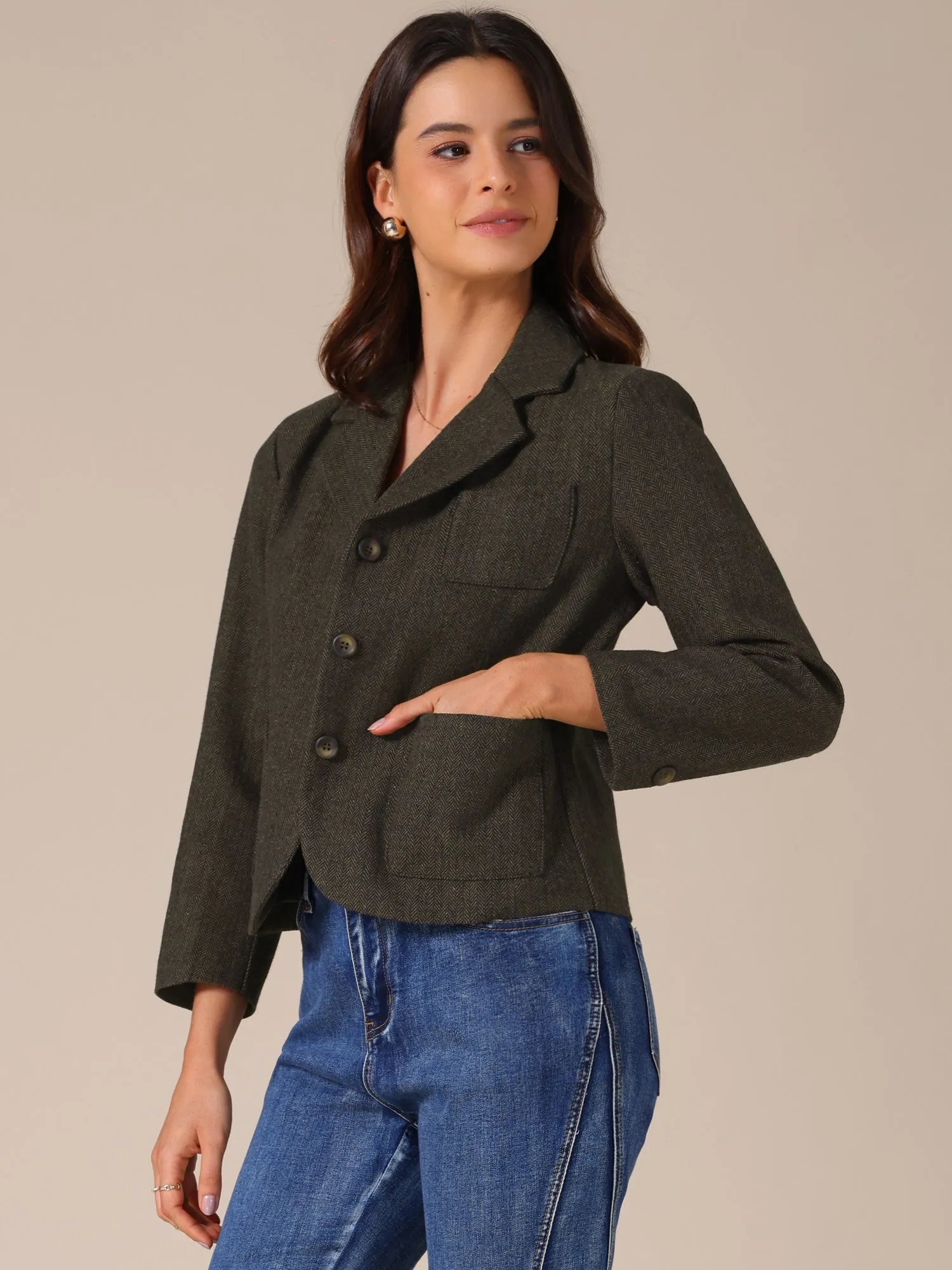 Bracelet Sleeve Notched Lapel Casual Cropped Herringbone Blazer sold by Allegra K product image thumbnail 3