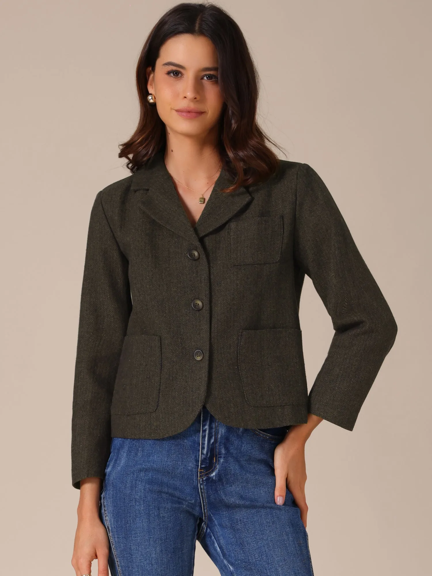 Bracelet Sleeve Notched Lapel Casual Cropped Herringbone Blazer sold by Allegra K