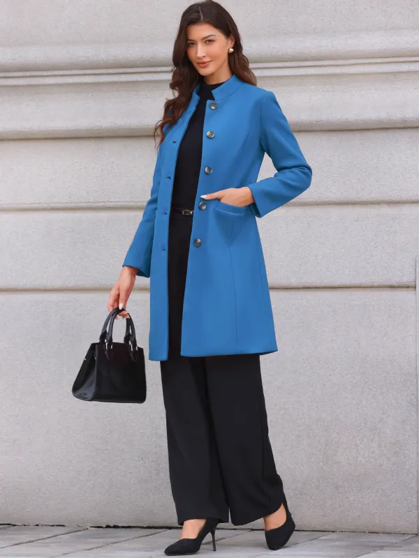 Stand Collar Single Breasted Mid-Long Overcoat sold by Allegra K