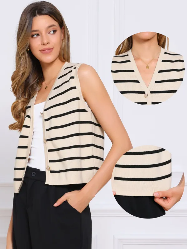 V Neck Button Up Sleeveless Knitted Striped Sweater Vest sold by Allegra K