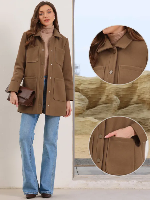 Turn Down Collar Single Breasted Pocketed Overcoat sold by Allegra K