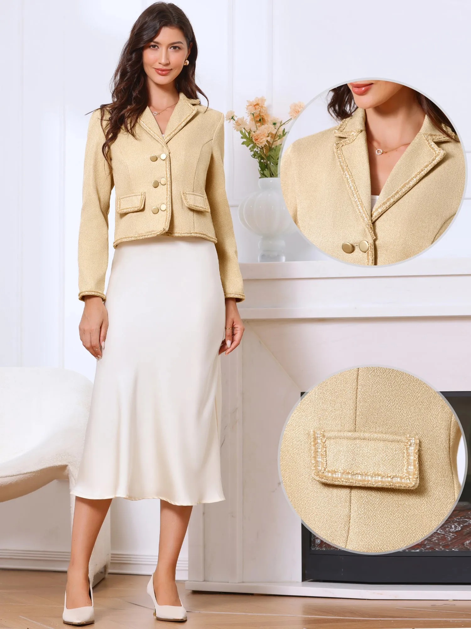 Notched Lapel Long Sleeve Dressy Casual Tweed Jacket sold by Allegra K