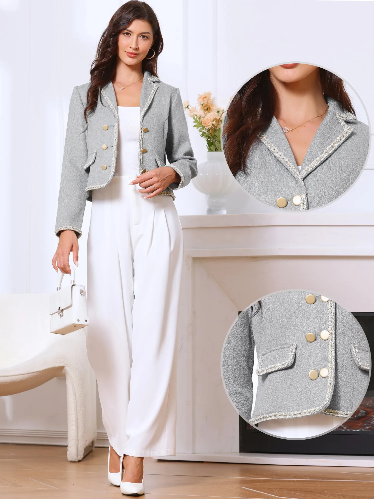 Notched Lapel Long Sleeve Dressy Casual Tweed Jacket sold by Allegra K product image thumbnail 5