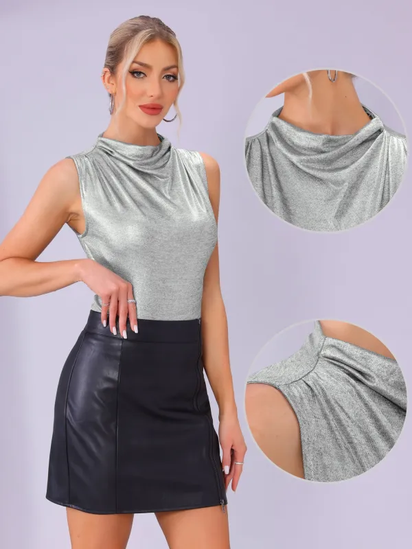 Metallic Shiny Party Sleeveless Cowl Neck Blouse sold by Allegra K