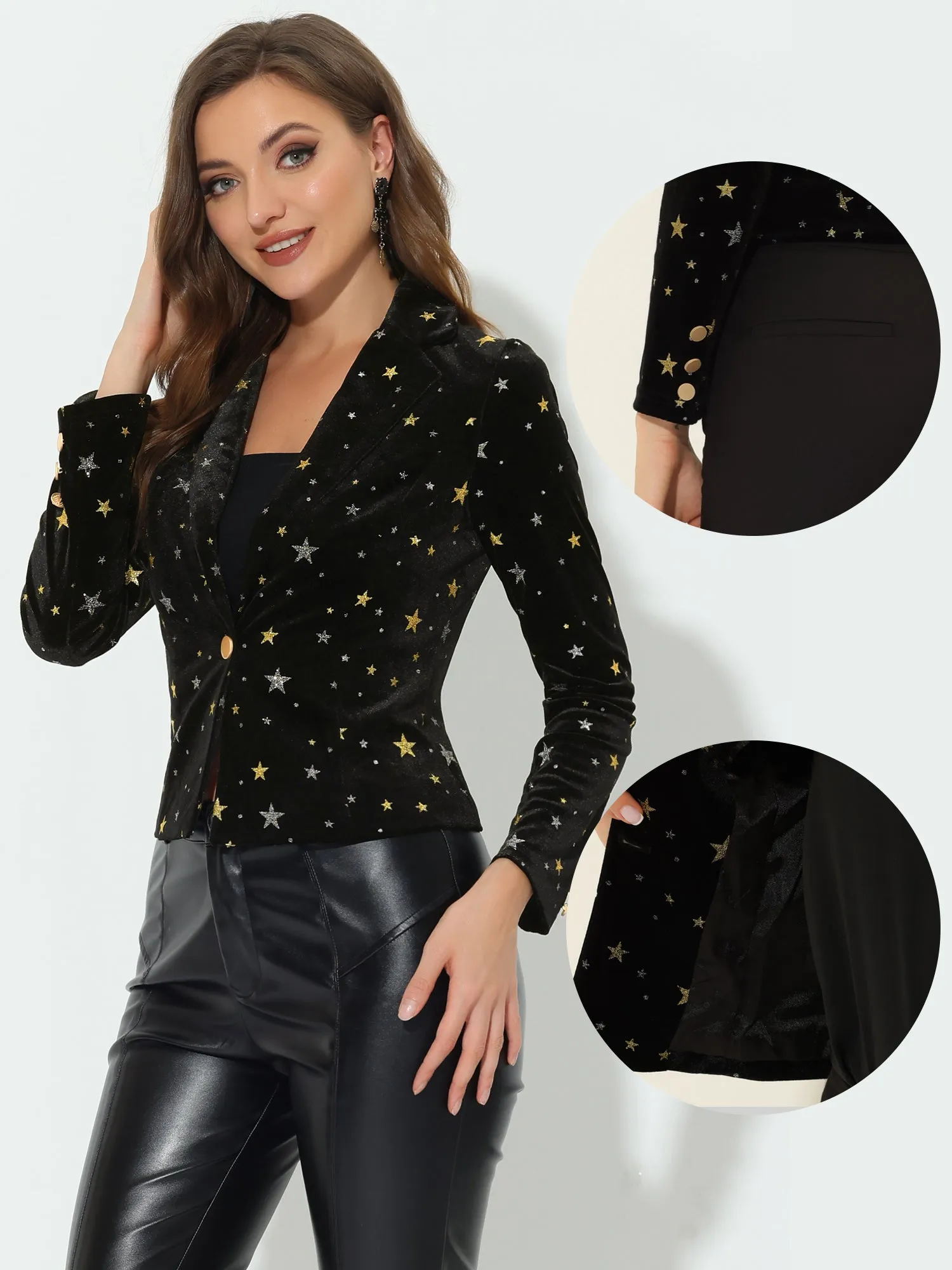 Printed Velvet Blazer for Women's 1 Button Business Office Crop Halloween Metallic Stars Jacket Suits sold by Allegra K product image thumbnail 2