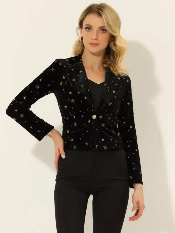 Printed Velvet Blazer for Women's 1 Button Business Office Crop Halloween Metallic Stars Jacket Suits sold by Allegra K
