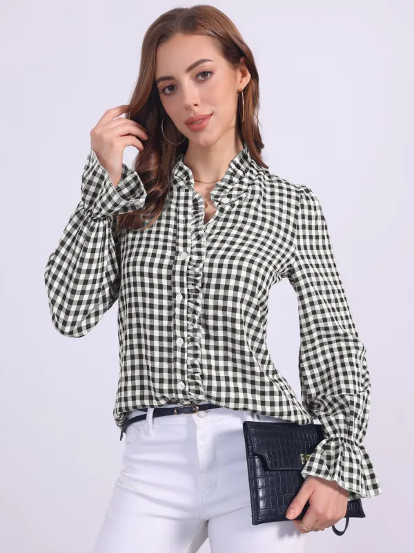 Women's Gingham Tops Ruffle V Neck Blouse Button Front Long Sleeve Plaid Shirt sold by Allegra K