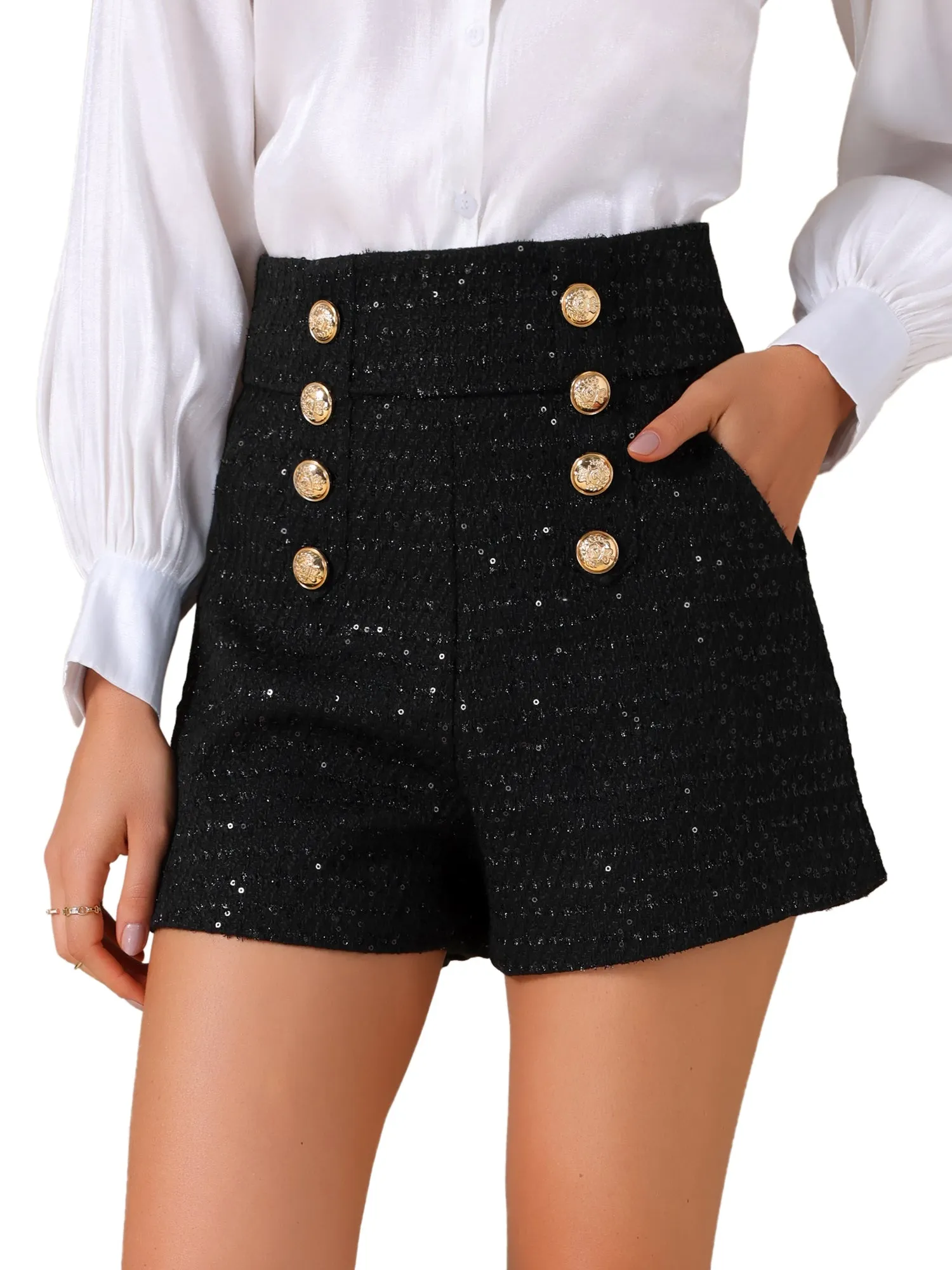 Sequined Tweed Button Front High Waist Shorts sold by Allegra K product image thumbnail 5