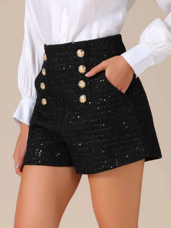 Sequined Tweed Button Front High Waist Shorts sold by Allegra K