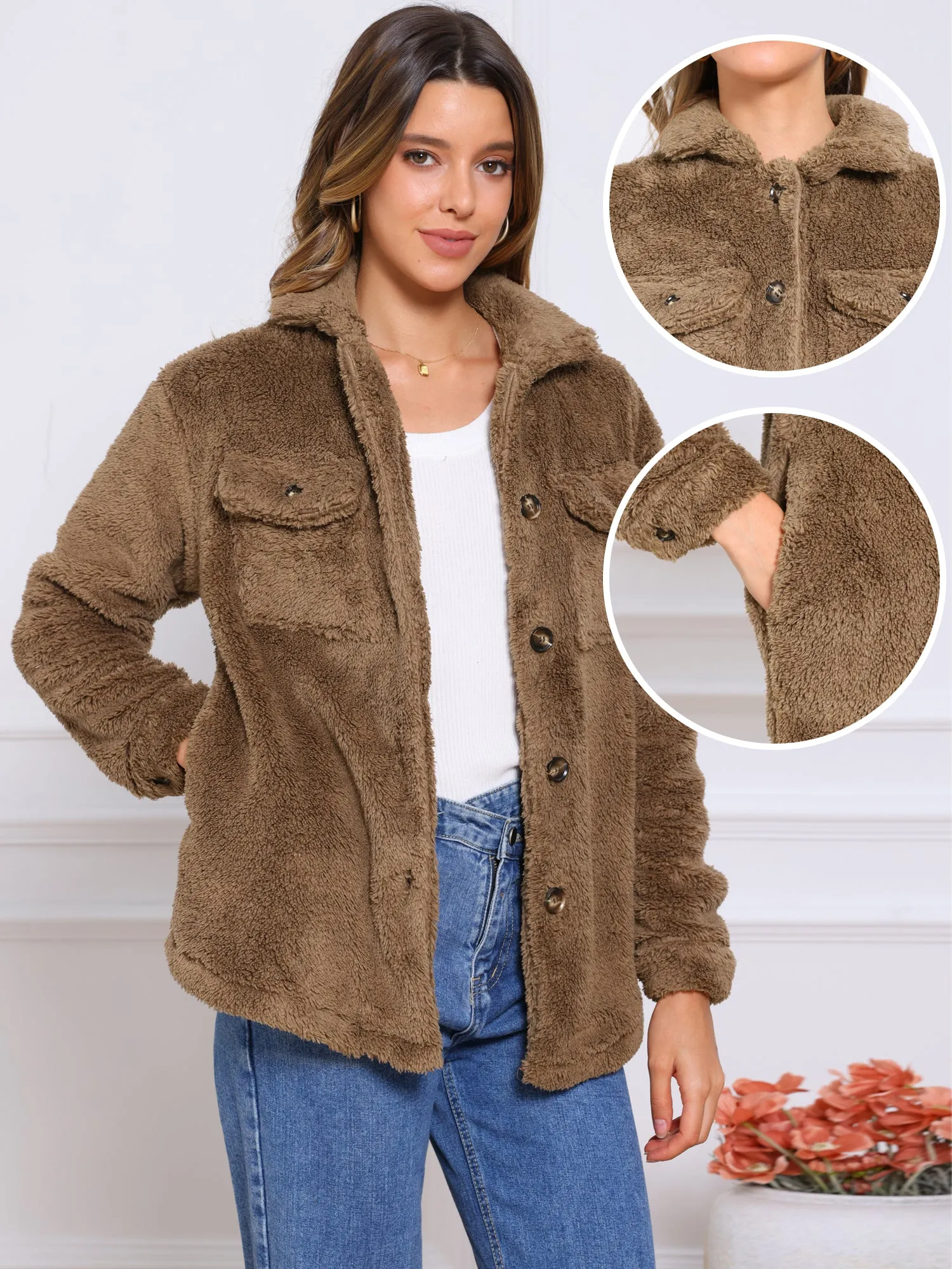 Faux Fur Long Sleeve Button Down Fleece Jacket sold by Allegra K