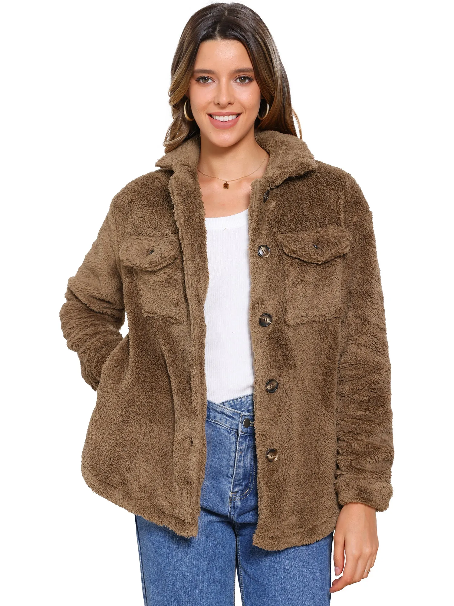 Faux Fur Long Sleeve Button Down Fleece Jacket sold by Allegra K product image thumbnail 4