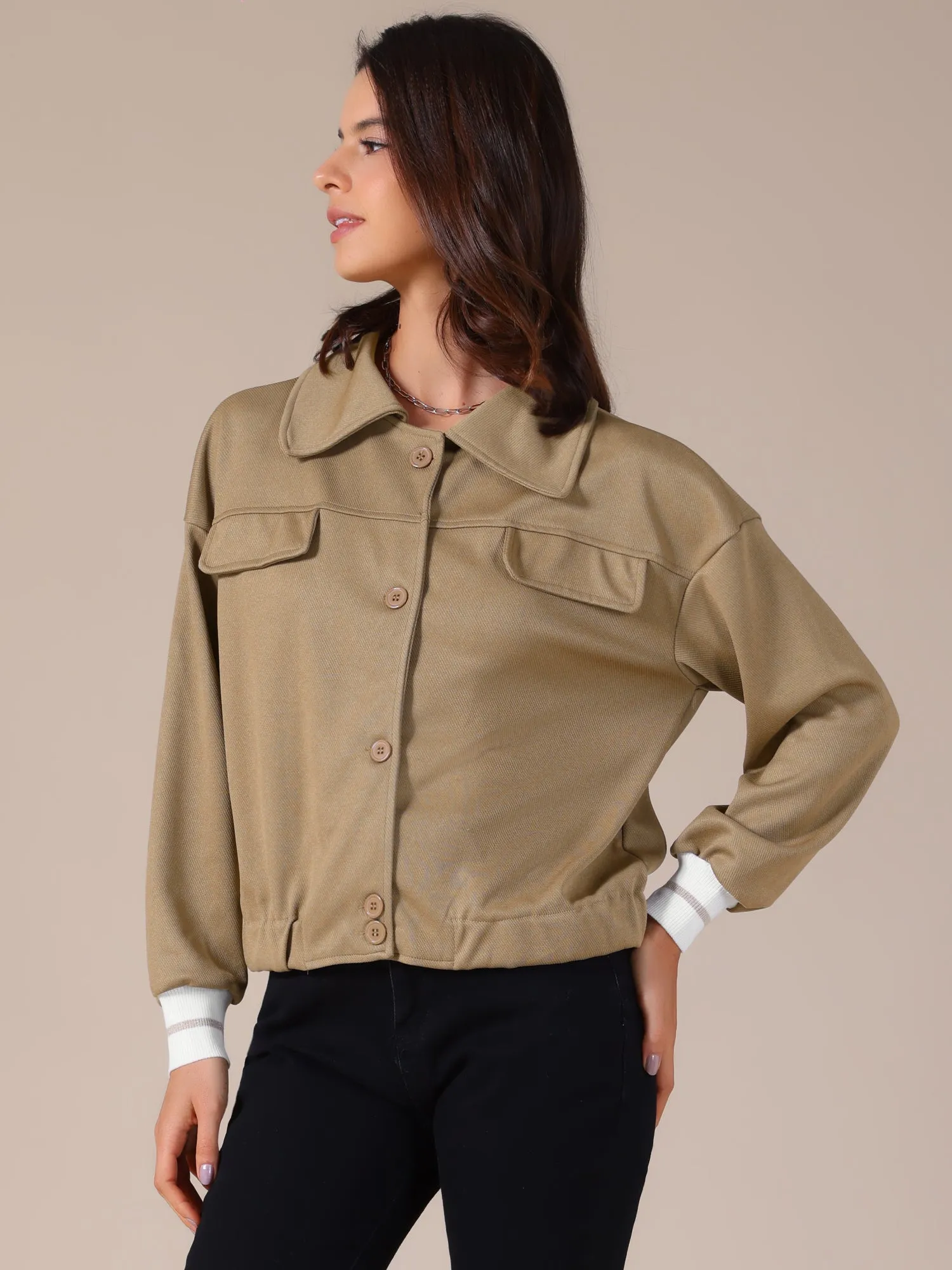 Casual Long Sleeve Button Down Cropped Bomber Jacket sold by Allegra K product image thumbnail 3