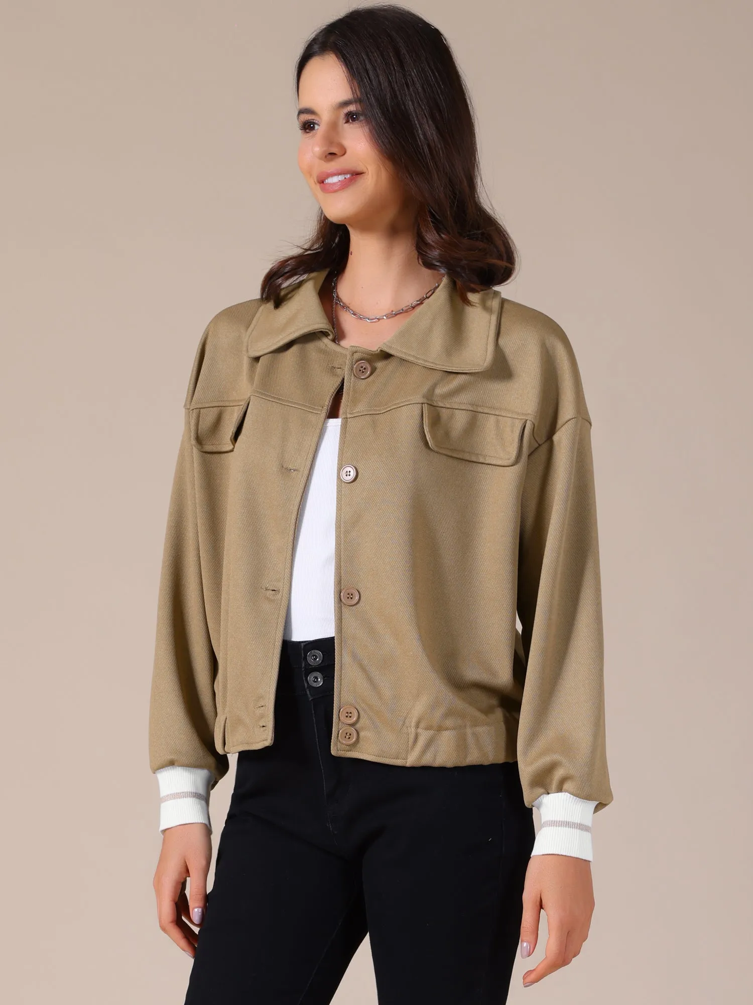 Casual Long Sleeve Button Down Cropped Bomber Jacket sold by Allegra K