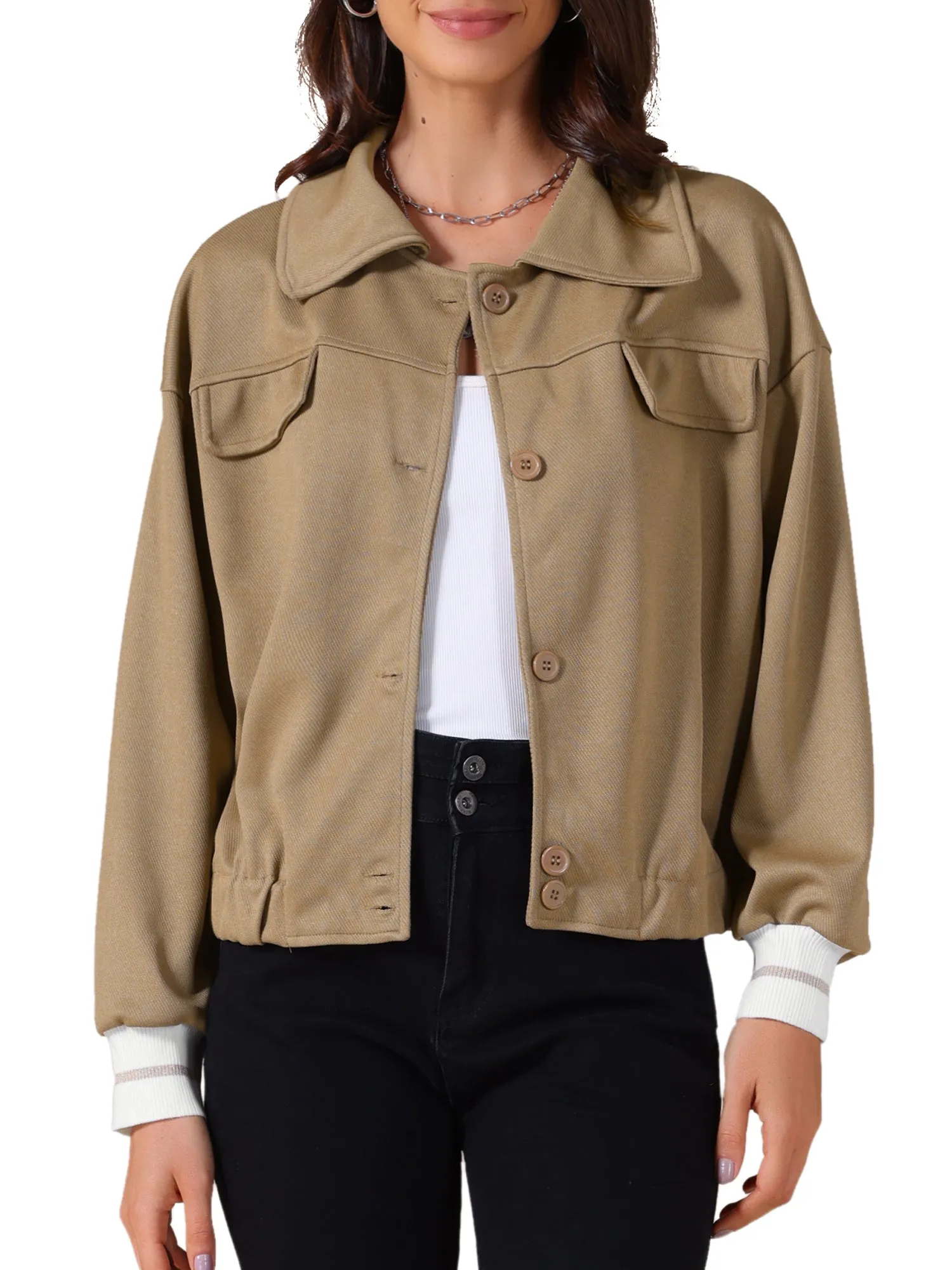 Casual Long Sleeve Button Down Cropped Bomber Jacket sold by Allegra K product image thumbnail 4