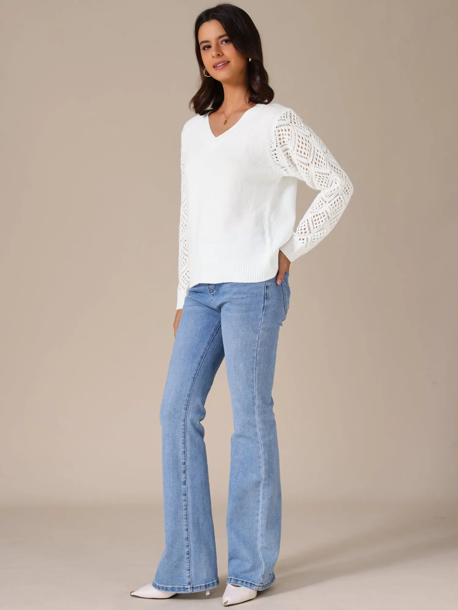 V Neck Knit Crochet Hollow Out Long Sleeve Pullover Sweater sold by Allegra K product image thumbnail 3