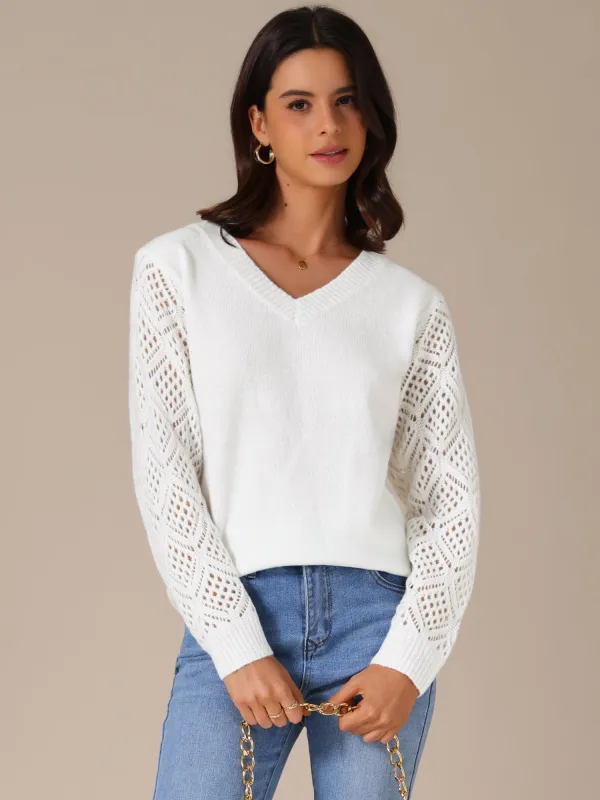 V Neck Knit Crochet Hollow Out Long Sleeve Pullover Sweater sold by Allegra K