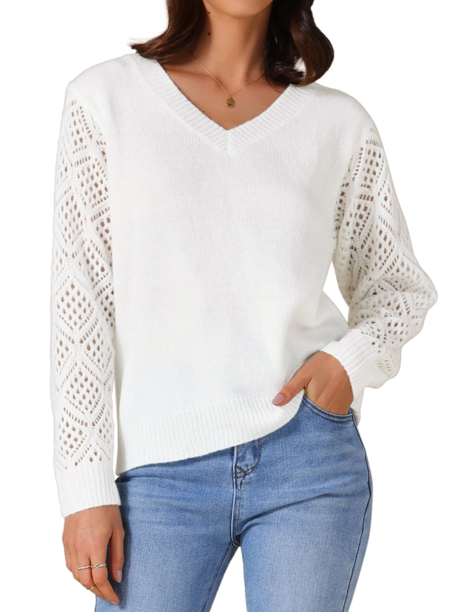 V Neck Knit Crochet Hollow Out Long Sleeve Pullover Sweater sold by Allegra K product image thumbnail 4